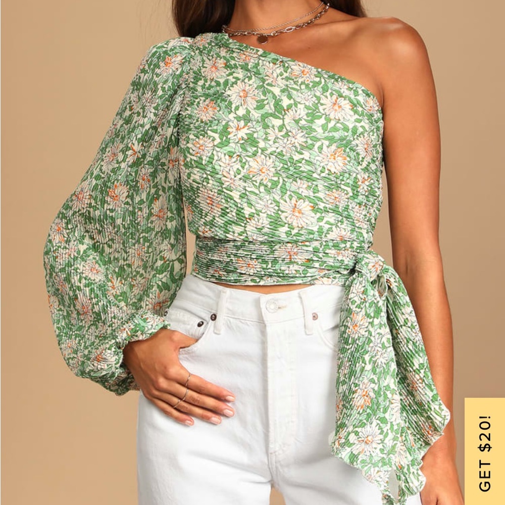 Lulu’s Grow Toward Love Green Floral Print Pleated One-Shoulder Top